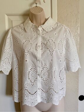 NWT$148 Anthropologie CAROLINE CONSTAS White Embroidered Eyelet Top Blouse, M